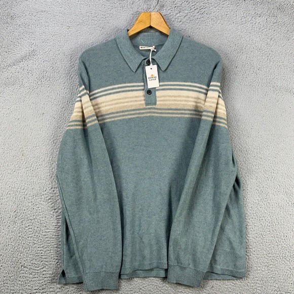 Marine Layer Merino‎ Wool Blend Sweater Polo Men XL Green Knit Long Sleeve NEW